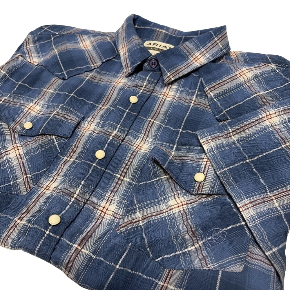 ARIAT Men's XL Short Sleeve Pearl Snap Shirt Blue Red Plaid Retro Rodeo Cowboy